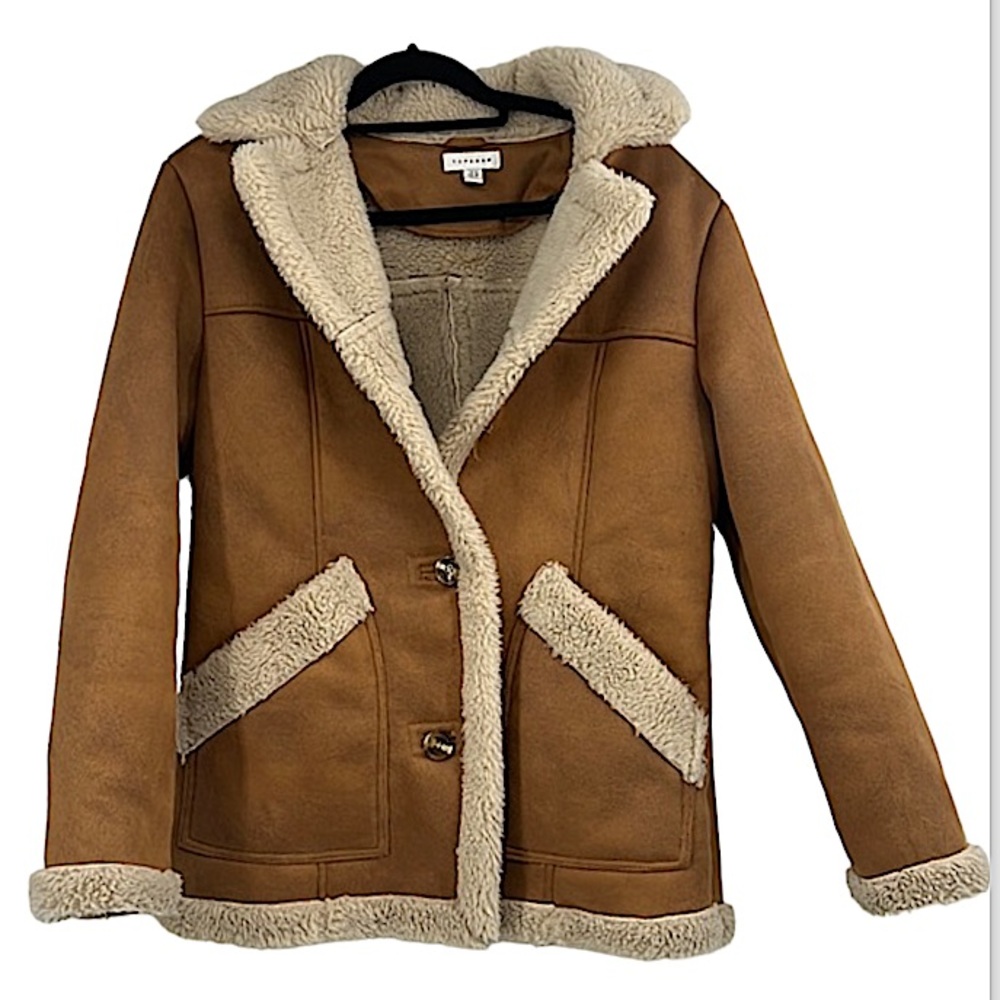 Topshop faux leather Sherpa tan coat size 6 medium